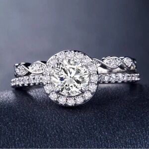 Silver Two-Piece Halo Ring Set Size 6 White Sapphire